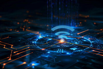 Abstract digital connectivity concept with glowing Wi-Fi symbol on blue background. Generative AI