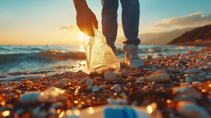 Person picking up plastic trash on a beach at sunset, symbolizing environmental clean-up efforts, Generative AI