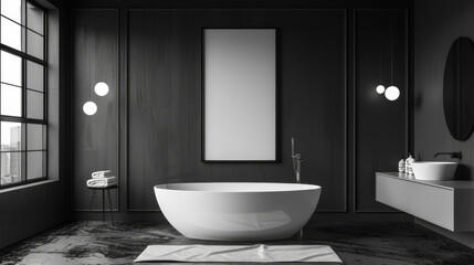 A modern bathroom interior with a framed blank poster on the wall, dark surroundings, and a freestanding bathtub, Generative AI.