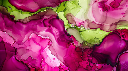 Swirling Alcohol Ink in Magenta and Lime Green with a Glossy Marble Finish.