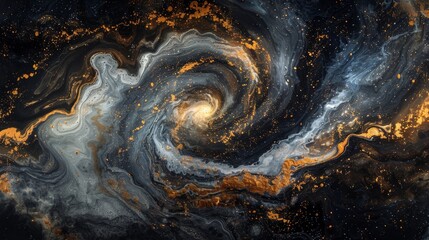 A swirling vortex of white and gold paint, reminiscent of Van Gogh's Starry Night, against a deep, inky black background