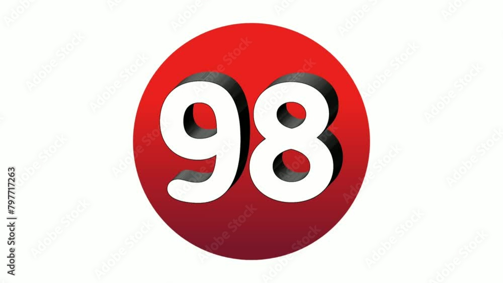 Poster 3d number 98 ninety eight sign symbol animation motion graphics icon on red sphere on white backgrou