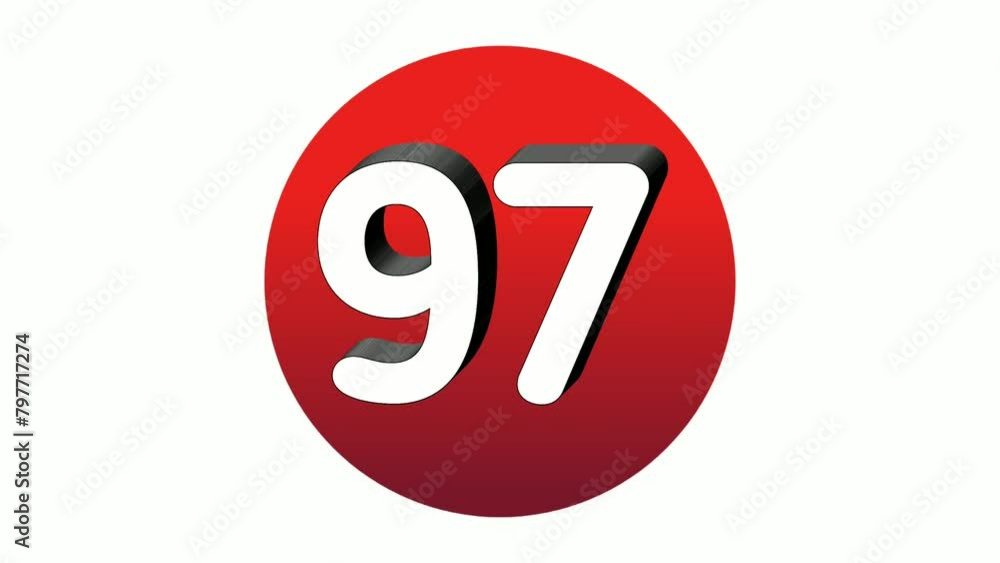 Poster 3d number 97 ninety seven sign symbol animation motion graphics icon on red sphere on white backgrou
