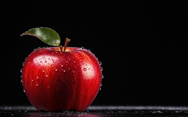 Beautiful red apple isolated on a black background focus light on apple with water drops on apple