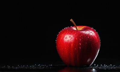 Beautiful red apple isolated on a black background focus light on apple with water drops on apple