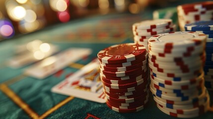 Fototapeta premium Poker card, casino chips on table, competition nightlife leisure activity selective focus color