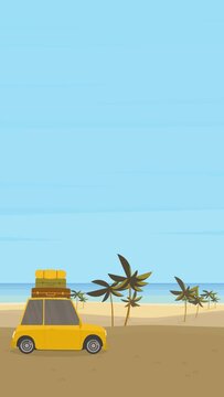 Cartoon car summer beach vacation with clear blue sky illustration vertical looping animation background