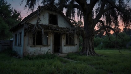 Fototapeta na wymiar A sinister old willow tree with dangling, vine-like branches near an abandoned house at twilight ai_generated