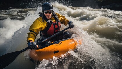 A man in a yellow and black jacket paddling a kayak on a river, navigating rapids