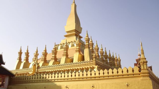 Looking up at Pha That Luang Golden Stupa Buddhist Temple in Vientiane, Laos