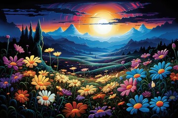 Flower field at night flower landscape outdoors.