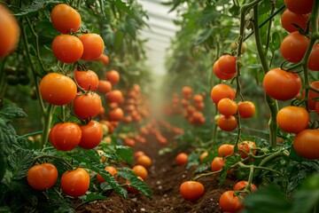 Lush greenhouse vines adorned with abundant ripe tomatoes