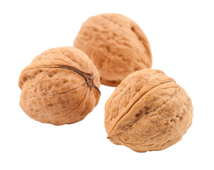 Three whole walnuts, detailed texture, white background isolated. Transparent PNG