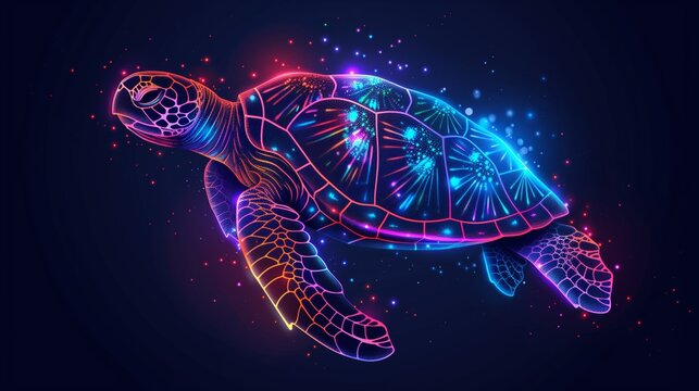 Sea turtle. Abstract, artistic, neon drawing of a sea turtle on a dark background. World Turtle Day. Underwater marine life, coral reef, Logo illustration neon style. luminescent turtle.