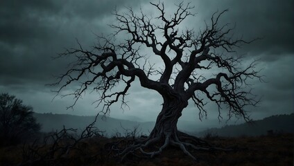 A spooky, leafless tree with branches that twist like writhing serpents, perched on a dark hillside ai_generated - obrazy, fototapety, plakaty