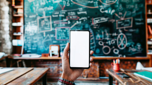 Hand holding a smartphone with a blank white screen in a classroom with a chalkboard full of math equations