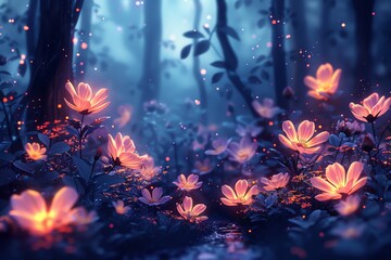 Obraz premium Enchanted forest with glowing flowers, mystical atmosphere, vibrant, digital illustration, emphasize magical elements, avoid wildlife