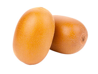 Two golden kiwis, vibrant and fresh, captured in high detail showcasing their unique texture and color, isolated on a white background. Transparent PNG