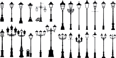 Naklejka premium Vintage streetlights black silhouettes set