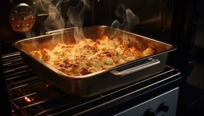 A homemade casserole dish is bubbling and cooking in the oven