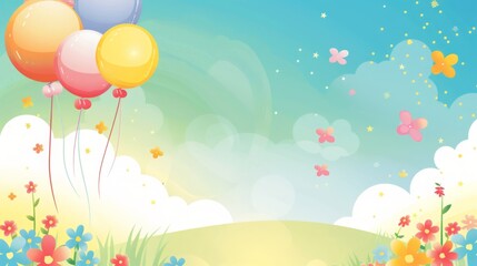 Whimsical Sky Background with Balloons and Butterflies