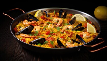 A pan filled with savory seafood and saffron rice garnished with lemon wedges