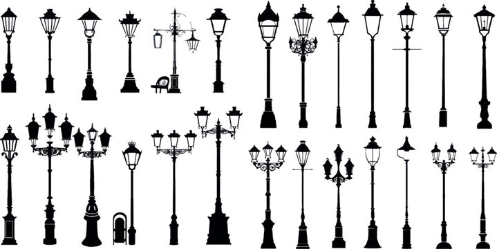 Vintage streetlights black silhouettes set