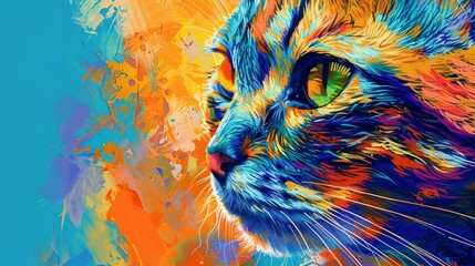 Vibrant pet portrait emphasizing a closeup of a cat, set against a bright complementary blue and orange background, highlighting the fur details and whiskers, without any text or human elements