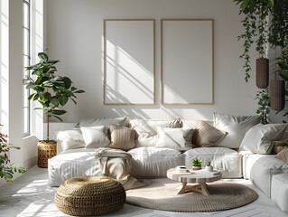 Minimalist Oasis: Hyper-Realistic White Frame Mockups Creating Serene Living Room