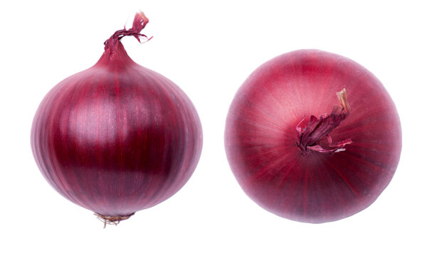 A close-up image of two vibrant red onions, showcasing their rich color and texture, isolated on a white background. Transparent PNG