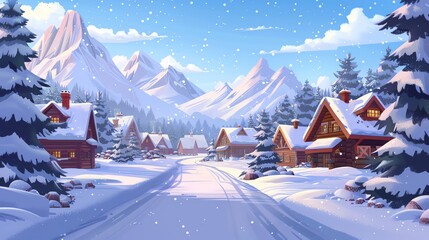 Cartoon winter village with snowcovered cottages and pine trees, festive and cozy, vector art, cool winter colors, no people