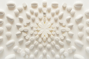 High-key photograph of pills arranged in a symmetrical design