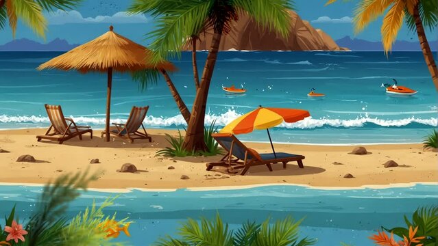 Animated Cartoon summer beach. Nature paradise vacation, ocean beach. Beach landscape Seamless looping 4k time-lapse animation video background