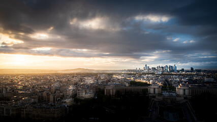 View over the river seine at sunset. Wide angle landscape photo of the city of Paris