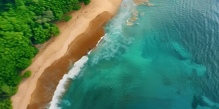 Aerial view of a lush green forest meeting a golden sandy beach and turquoise sea, showcasing the stunning contrast of natural textures and colors.