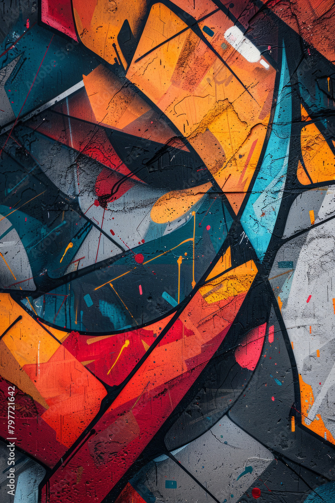 Poster vivid graffiti art showcasing complex shapes and bold forms, capturing attention with its dynamic en