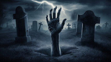Zombie Hand Rising Out Of A Graveyard In Spooky Night, photo,