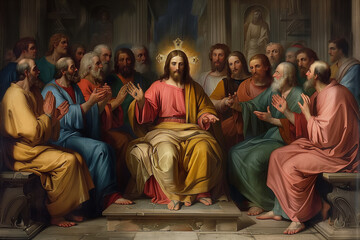 A symmetrical arrangement of listeners around Jesus, representing the order and harmony in his teachings