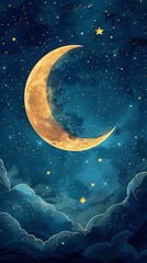 Obraz na płótnie Canvas Cartoon moon and stars in a night sky, whimsical and serene, vector illustration, dark sky with bright celestial bodies, no text
