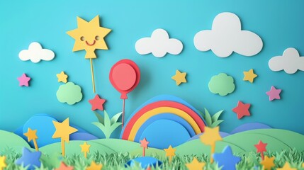 Cute Paper Cutout Sky Scene with Rainbow and Stars