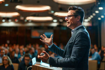 Charismatic speaker engaging audience with dynamic presentation