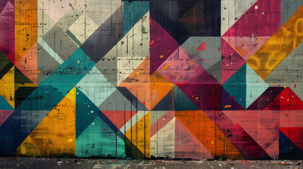 Fototapeta premium Vibrant contemporary graffiti showcasing geometric patterns and digital motifs in a bustling metropolitan setting.
