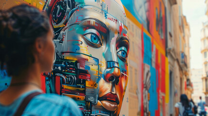 Innovative robot artist creating mural in urban setting as audience observes