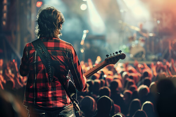 Captivating image of a musician performing live on stage with a backdrop of enthusiastic fans