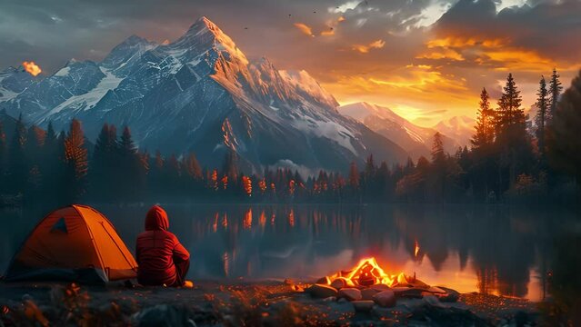 Alone camper sits beside a glowing campfire, gazing at the brilliant sunset reflecting in the calm waters of a mountain lake, with majestic snow-covered peaks rising in the background