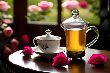 Fototapeta premium A beautiful display of tea and roses on a wooden table in a cozy teahouse, featuring a cup of rose lemon tea.