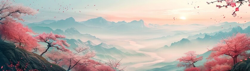 Asianinspired landscape with mountains and cherry blossoms, peaceful and artistic, vector art, soft pinks and greens, no modern structures