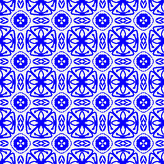 A seamless pattern of blue and white ceramic tiles with a floral motif.