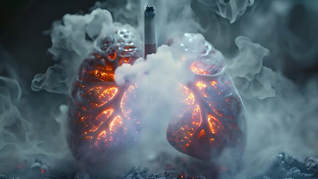 Glowing lungs contaminated with smoke and a smoking cigarette. Illustrate the health risks