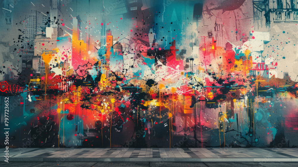 Poster a vibrant and dynamic abstract mural featuring distorted figures and neon splashes on a downtown lof